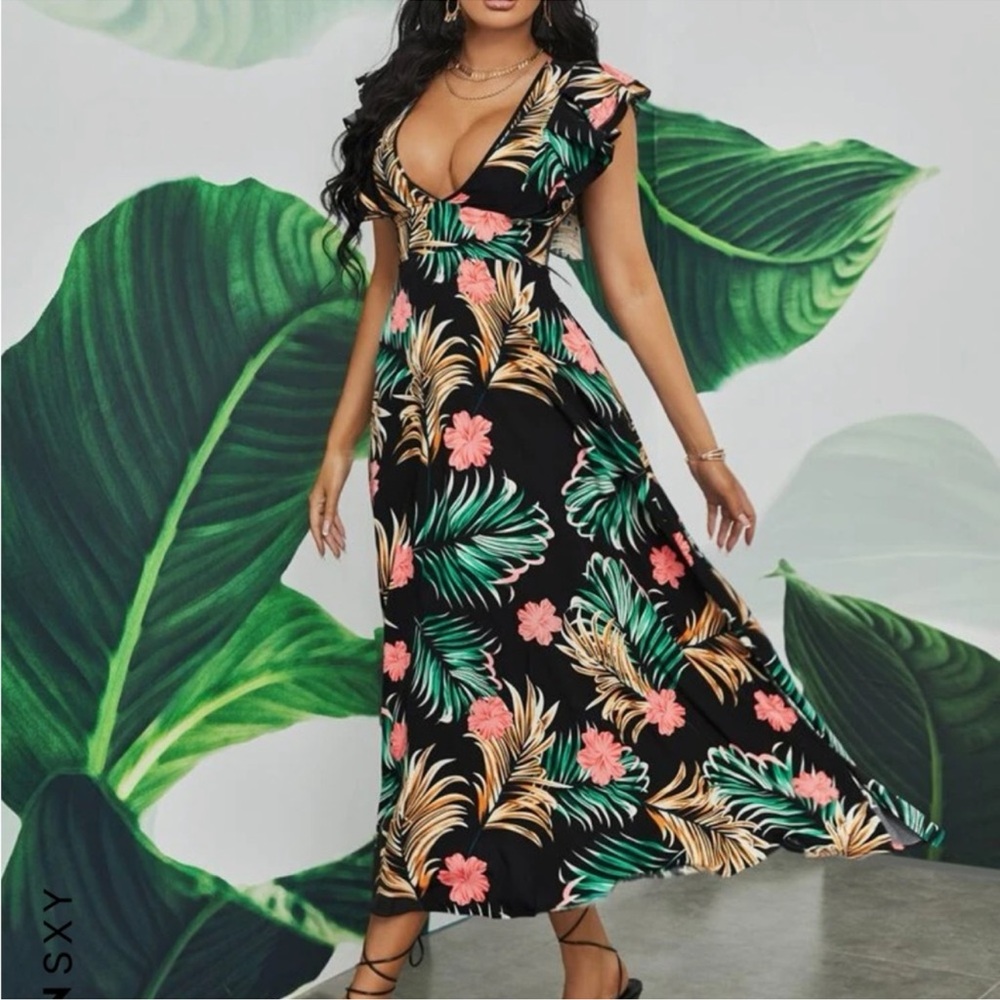 SHEIN SXY Tropical Print Deep V Neck Layered Sleeve Dress